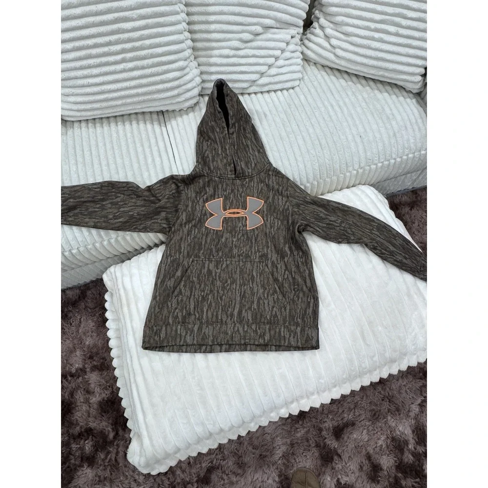 Under Armour Boys Camo Pullover Hooded Hoodie w/ Pockets Orange Logo L